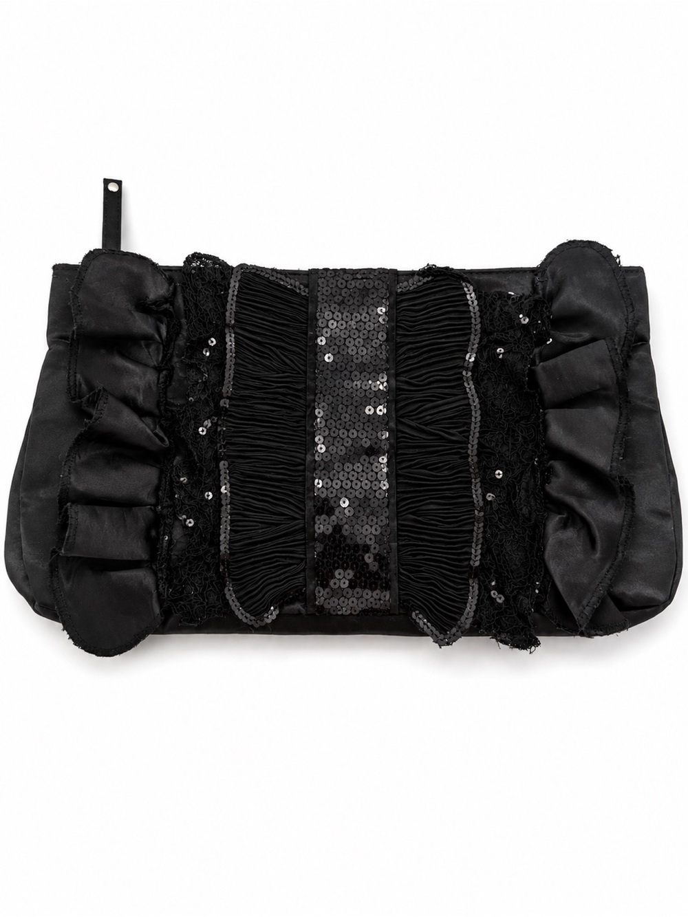 Unbranded Black Satin Clutch Bag Evening Sequin Ruffle Formal Y2k Style
